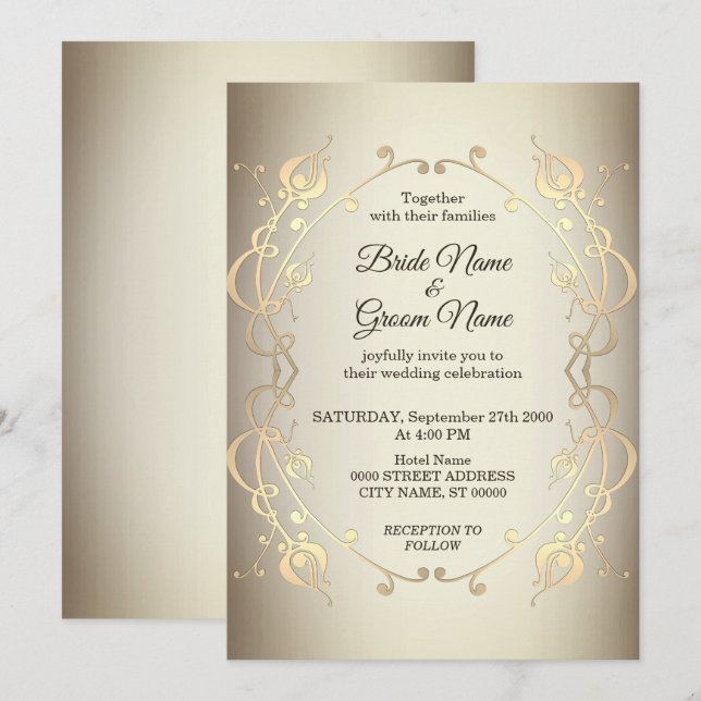 Elegant Beige Gold Floral Wedding Invitation (Front/Back)
