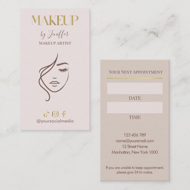 Elegant Beige & Gold Makeup Artist appointment Card (Front/Back)