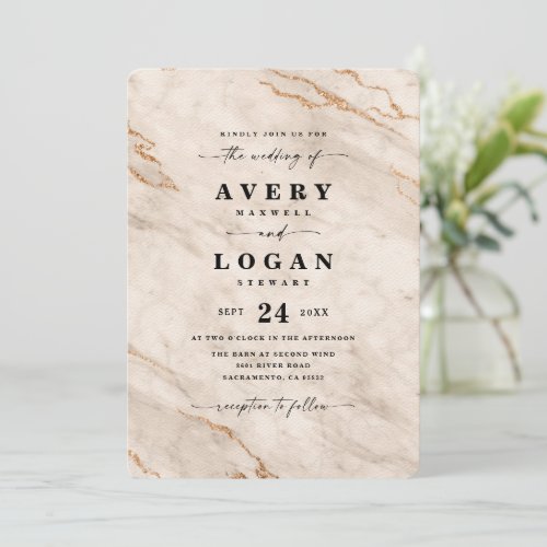 Elegant Beige  Gold Metallic Marble Wedding Invitation