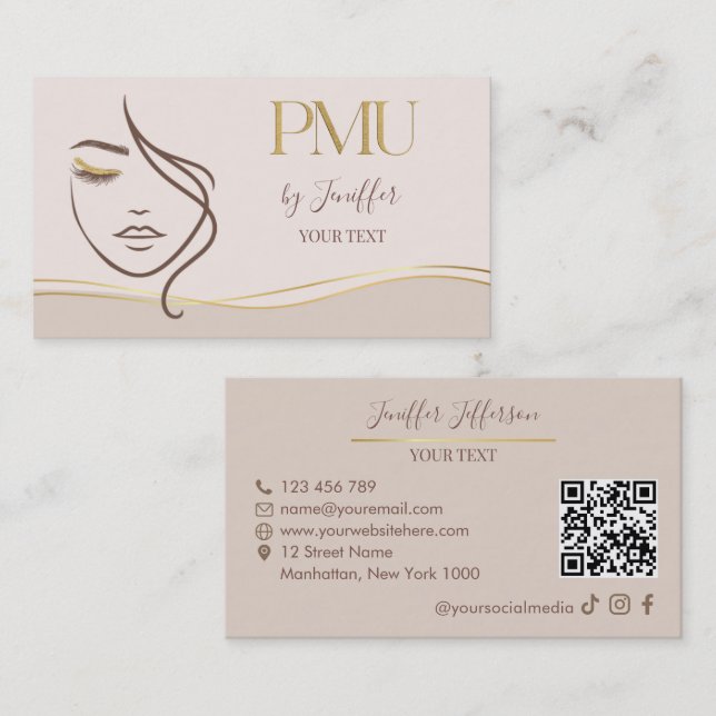 Elegant Beige & Gold PMU Bussines card (Front/Back)