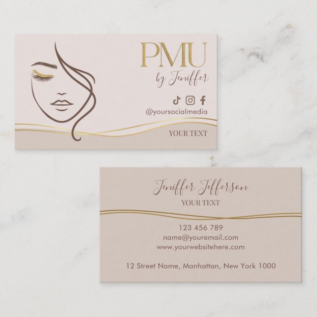 Elegant Beige & Gold PMU Bussines card (Front/Back)