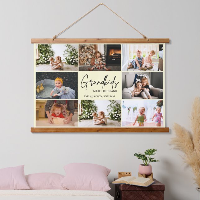Elegant Beige Grandkids Make Life Grand 8 Photo Hanging Tapestry (Bedroom)