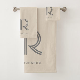 Elegant beige gray monogram name bath towel set