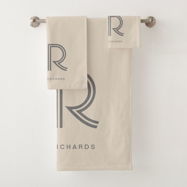Elegant beige gray monogram name bath towel set (Insitu)