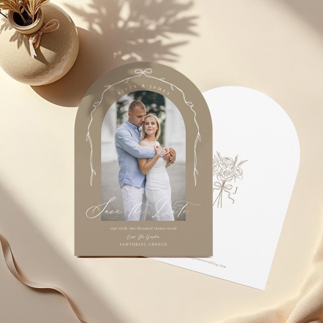 Elegant Beige Hand Drawn Bow & Ribbon Arch Photo Save The Date (Elegant Beige Hand Drawn Bow & Ribbon Arch Photo Save The Date)