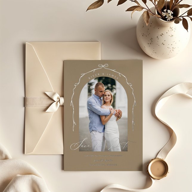 Elegant Beige Hand Drawn Bow Ribbon Save The Date Foil Invitation (Elegant Beige Hand Drawn Bow Ribbon Save The Date Foil Invitation)