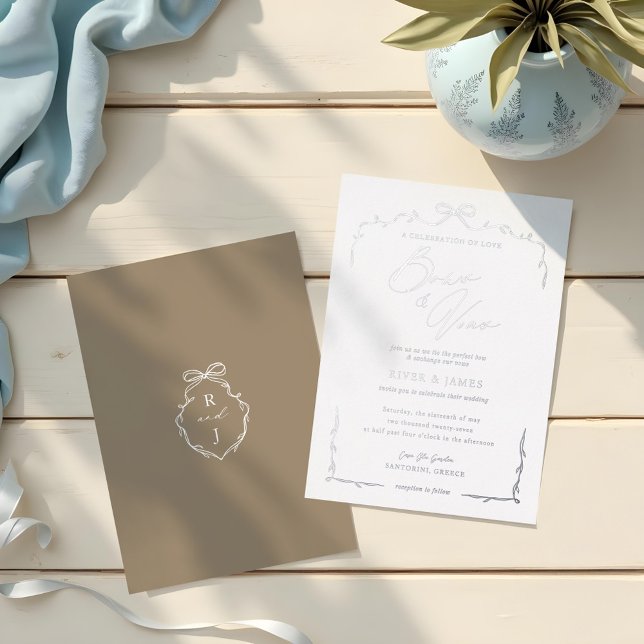 Elegant Beige Hand Drawn Bow & Ribbon Wedding Foil Invitation (Elegant Blue Hand Drawn Bow & Ribbon Wedding Foil Invitation)