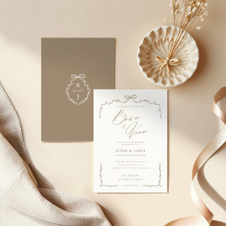 Elegant Beige Hand Drawn Bow & Ribbon Wedding Invitation