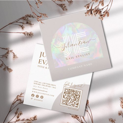 Elegant Beige Holographic Beauty Square Business Card