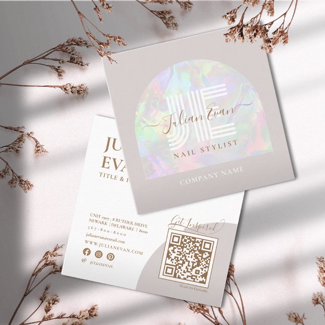 Elegant Beige Holographic Beauty Square Business Card (Creator Uploaded)