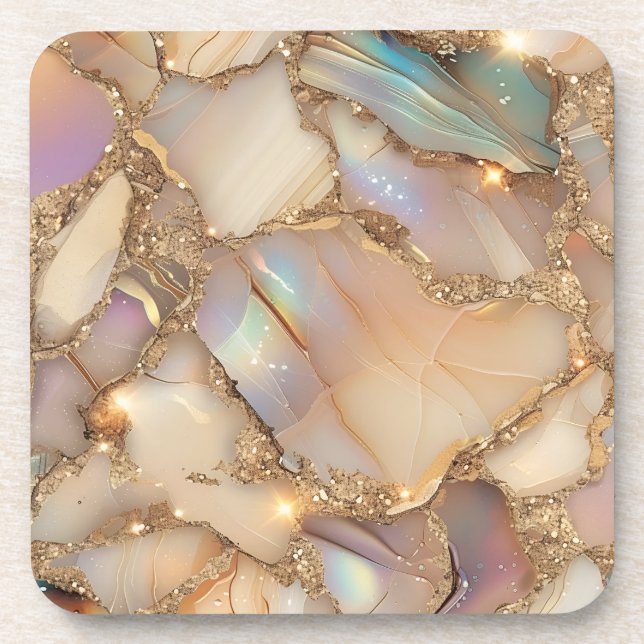Elegant Beige Holographic Glitter Alcohol Ink Beverage Coaster (Front)
