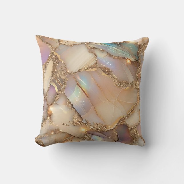 Elegant Beige Holographic Glitter Alcohol Ink Throw Pillow (Front)