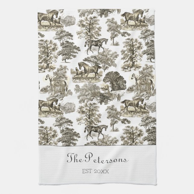 Elegant Beige Horses Toile Rustic Farmhouse Kitchen Towel (Vertical)