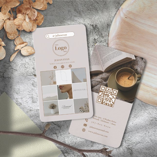 Elegant Beige Instagram Photo Collage Double Sided Business Card (Creator Uploaded)