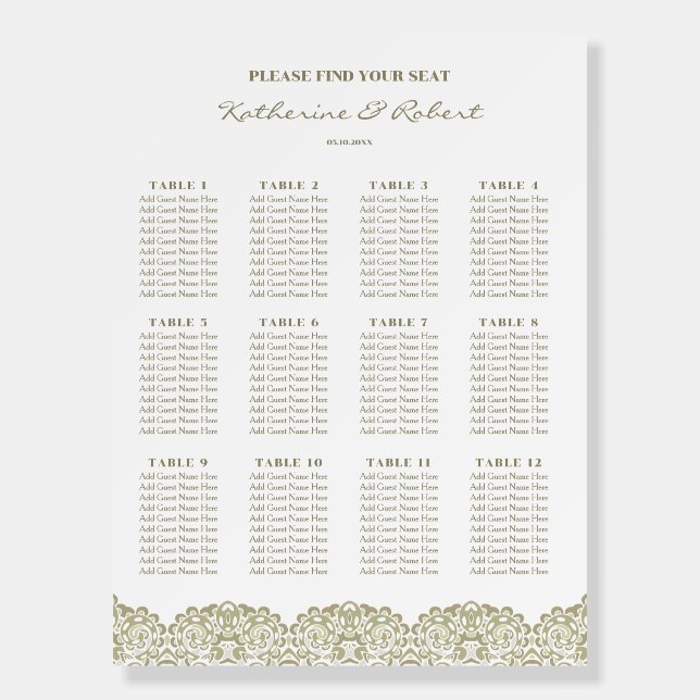Elegant Beige Lace  Wedding seating chart 12 Foam Board (Front)