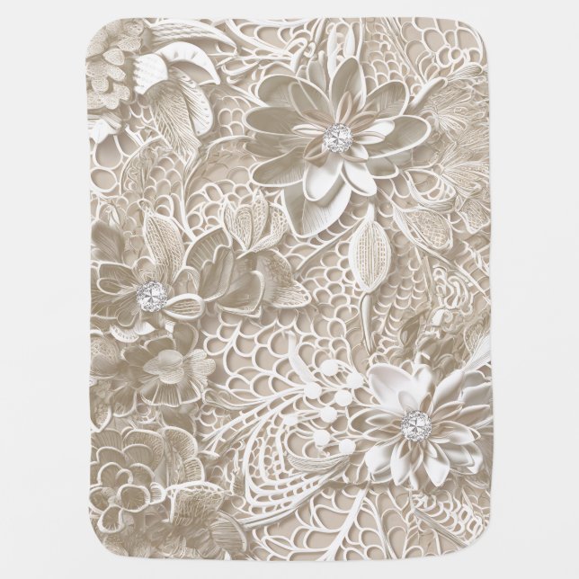 Elegant beige lace with diamond baby blanket (Front)