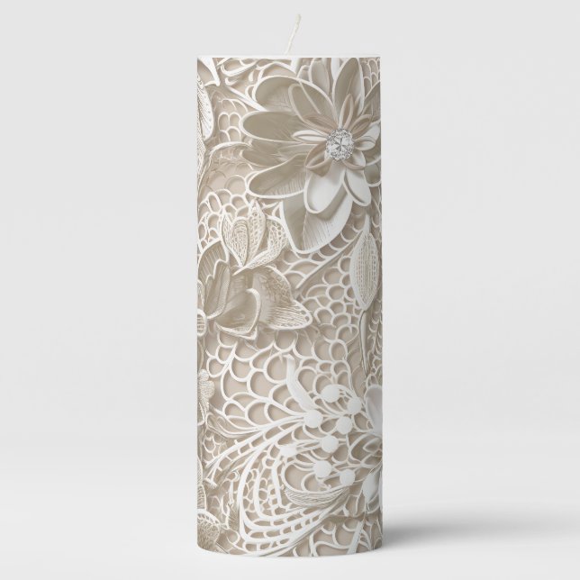 Elegant beige lace with diamond pillar candle (Front)