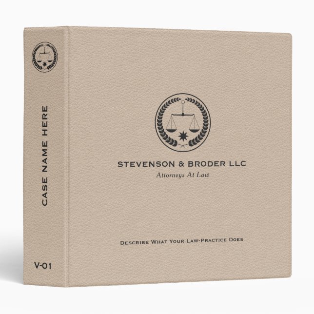 Elegant Beige Leather & Black Justice Logo 3 Ring Binder (Front/Spine)