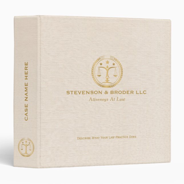 Elegant Beige Linen & Gold Law Logo 3 Ring Binder (Front/Spine)