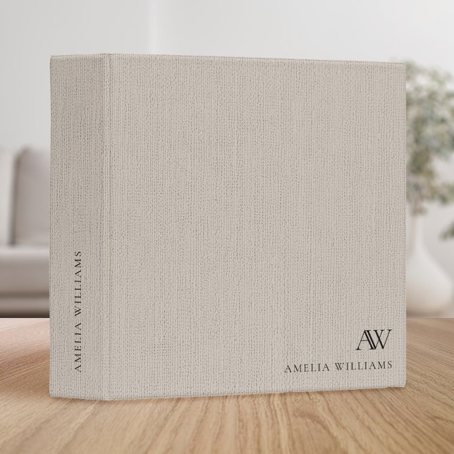 Elegant Beige Linen Minimalist Monogram 3 Ring Binder (Creator Uploaded)