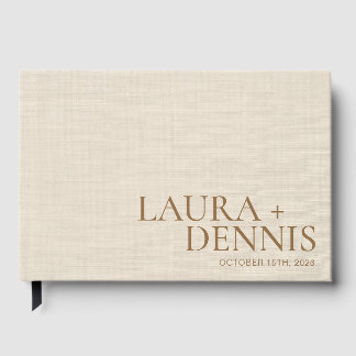 Elegant Beige Linen Script Couple Name Wedding Guest Book