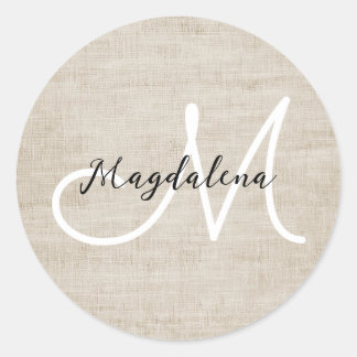 Elegant beige linen texture classic round sticker