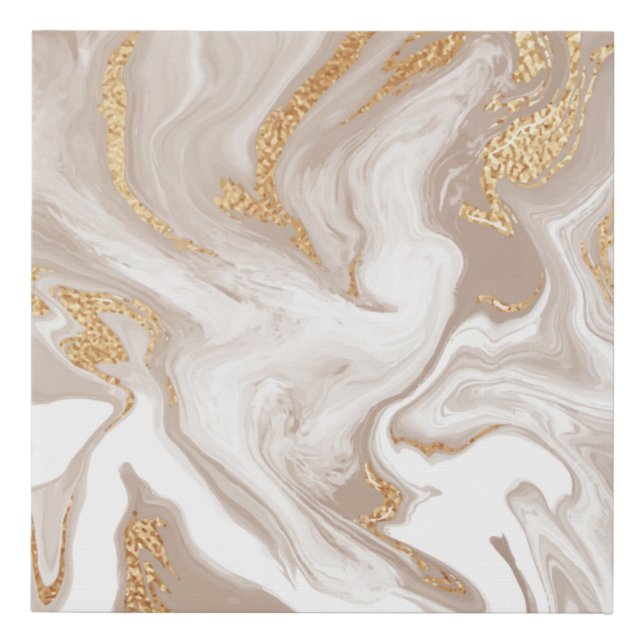 Elegant beige liquid marble with golden glitter faux canvas print (Front)