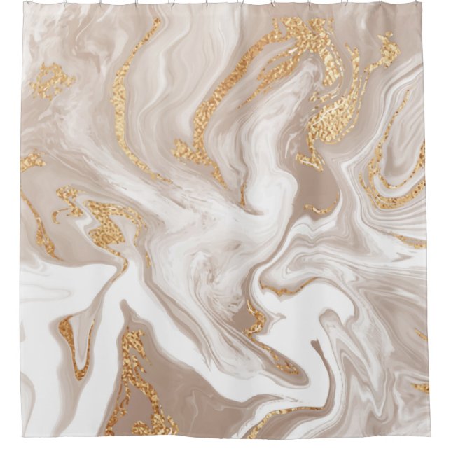 Elegant beige liquid marble with golden glitter shower curtain (Front)