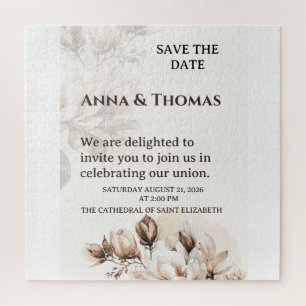 Elegant Beige Magnolia Save The Date Card Jigsaw Puzzle