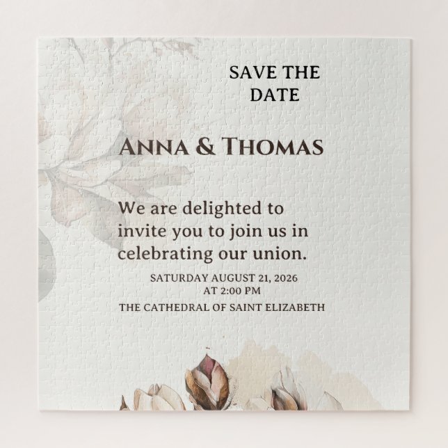 Elegant Beige Magnolia Save The Date Card Jigsaw Puzzle (Vertical)