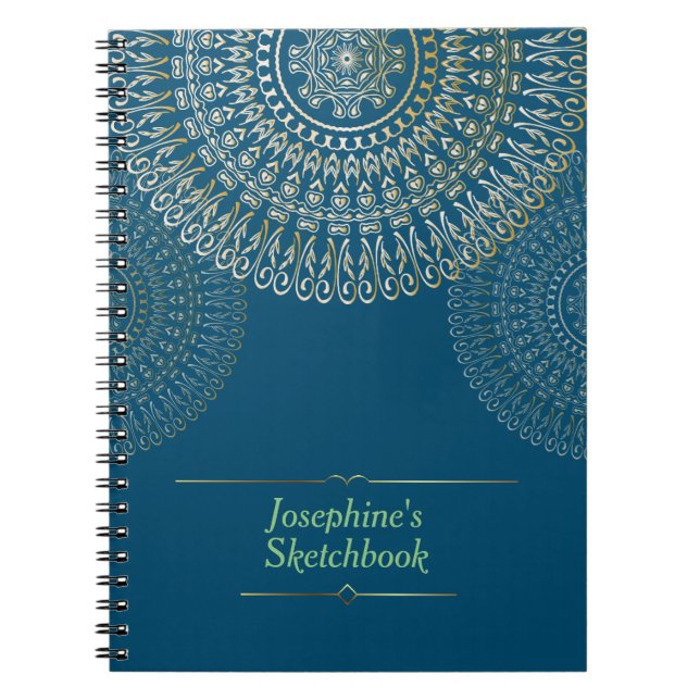 Elegant Beige Mandala Personalized Name dark blue Notebook (Front)