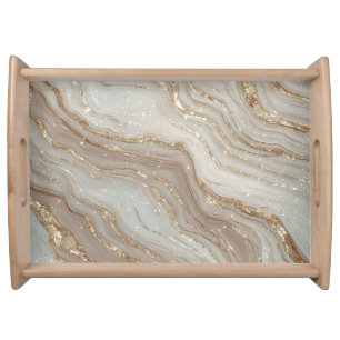 Elegant Beige Marble Background With Gold Glitter Serving Tray