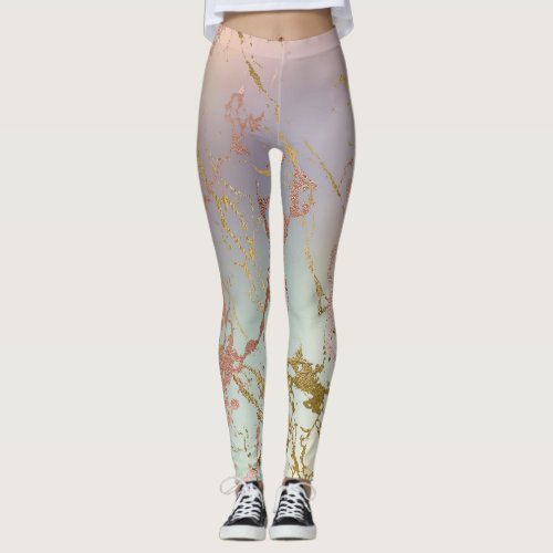 Elegant Beige Marble  Mint Sage Green Rose Gold Leggings