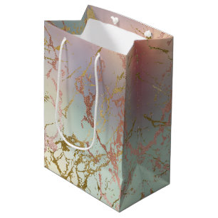 Elegant Beige Marble Mint Sage Green Rose Gold Medium Gift Bag