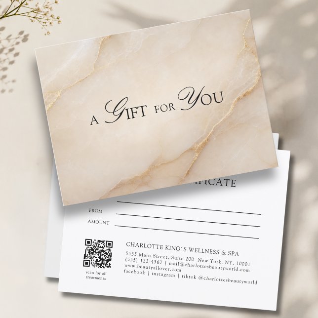 Elegant Beige Marble QR Code Gift Certificate (A Gift for You! Beige Gold Marble QR Code)