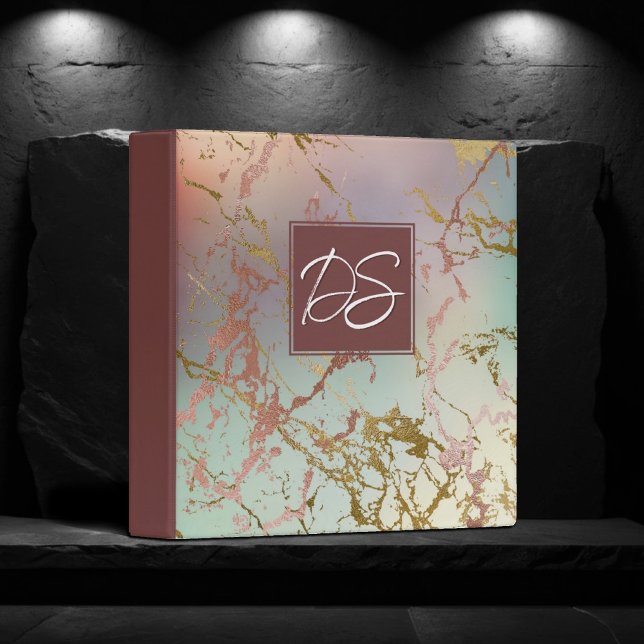 Elegant Beige Marble | Sage and Rose Gold Monogram 3 Ring Binder (Creator Uploaded)