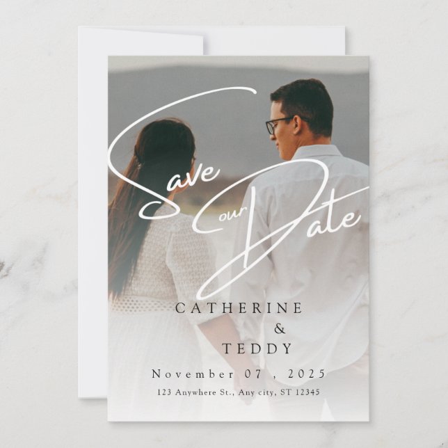 Elegant Beige Minimalist Photo Save the Date Card (Front)