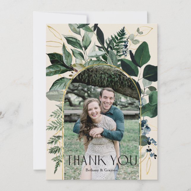 Elegant beige Modern arch foliage photo wedding Thank You Card (Front)