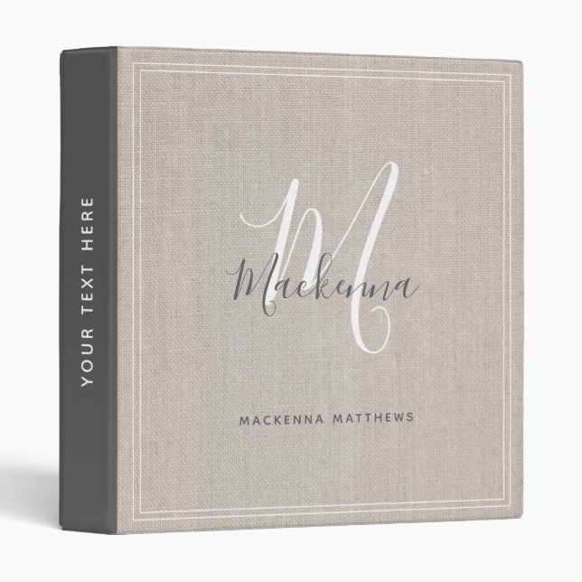 Elegant Beige Modern Monogram Script Linen Office 3 Ring Binder (Front/Spine)