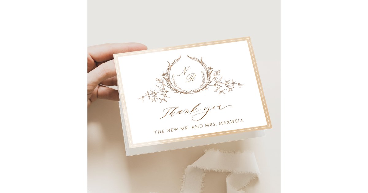 Elegant Beige Monogrammed, Watercolor Wedding Thank You Card | Zazzle