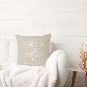 Elegant Beige Mr and Mrs Script Custom Monogram Throw Pillow