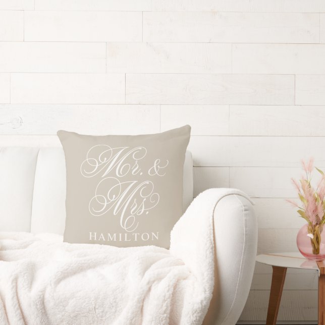 Elegant Beige Mr and Mrs Script Custom Monogram Throw Pillow (Couch)