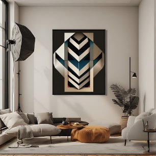 Elegant Beige Navy Art Deco Geometric Chevron Poster