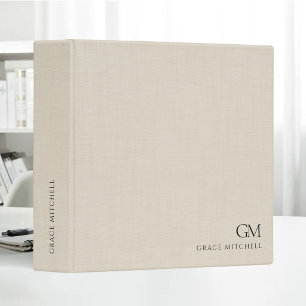 Elegant Beige Neutral Linen Simple Monogram 3 Ring Binder