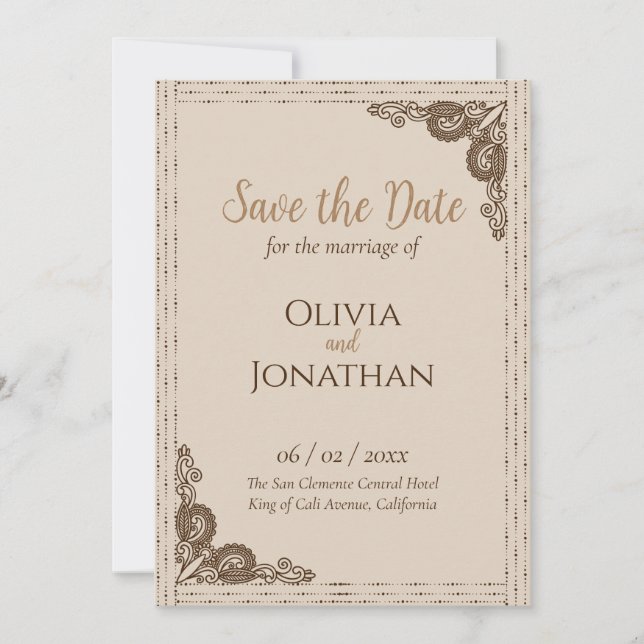 Elegant Beige ornate Wedding Save the Date Invitation (Front)