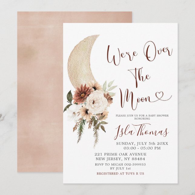 Elegant Beige Over the Moon Baby Shower Invitation (Front/Back)