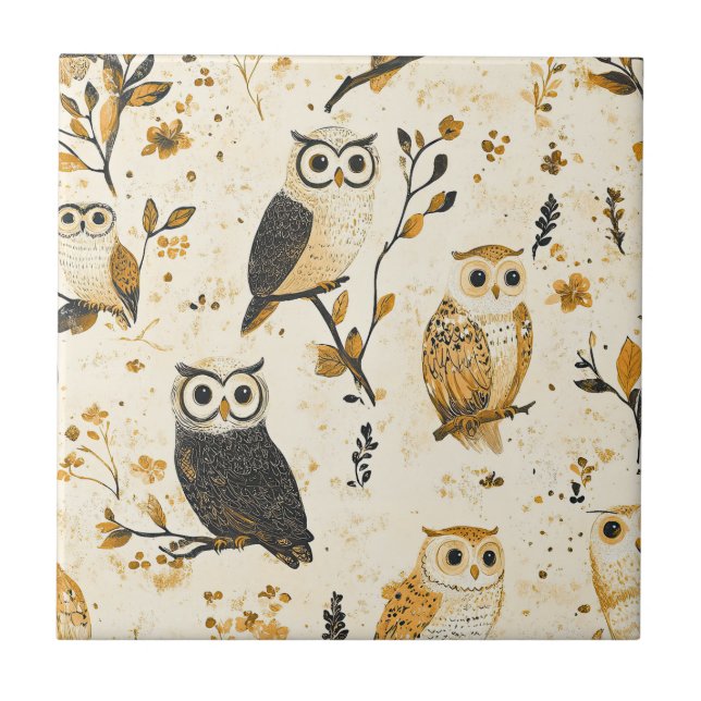 Elegant Beige Owl Wildlife Botanical Pattern Ceramic Tile (Front)