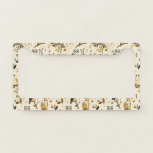 Elegant Beige Owl Wildlife Botanical Pattern License Plate Frame