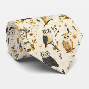Elegant Beige Owl Wildlife Botanical Pattern Neck Tie