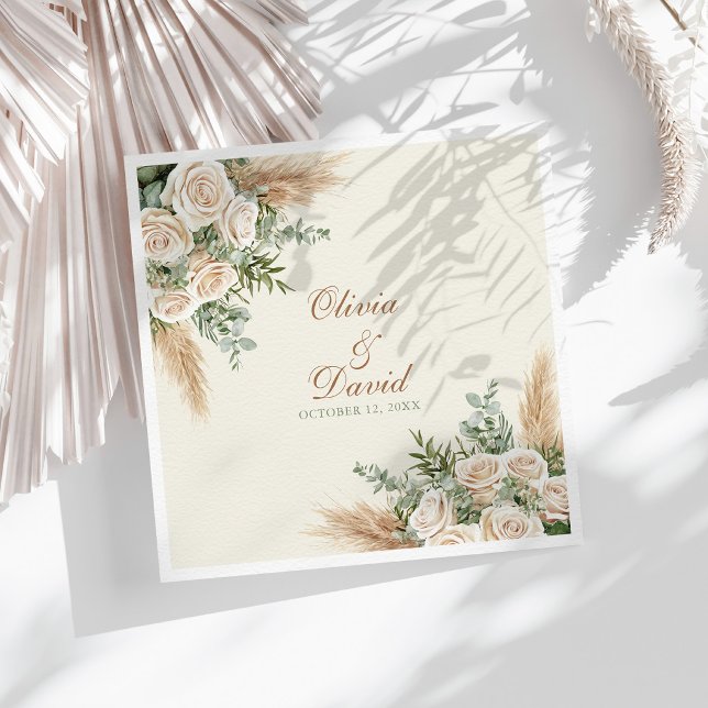 Elegant Beige Pampas Grass Wedding Napkins (Elegant Beige Pampas Grass Wedding Napkins on a sunny table with dry neutral botanicals)